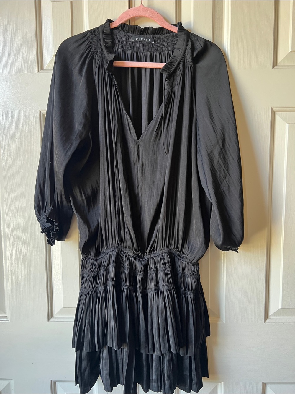 Black Long-Sleeve Tiered V-Neck Dress